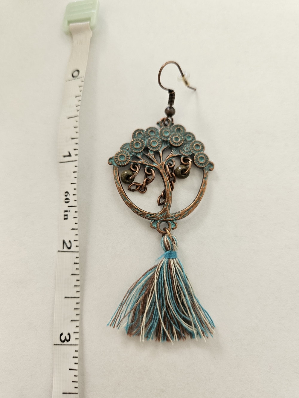 NWT Bohemian Green Tassel Drop Earrings Copper Blue Gold Lightweight Feminine - Picture 3 of 4